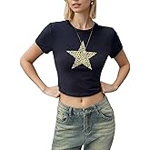 Leopard Star Print Summer T Shirt Womens Vintage Aesthetic Pattern Crop Tops Teen Girls Crewneck Slim Fit Shirt