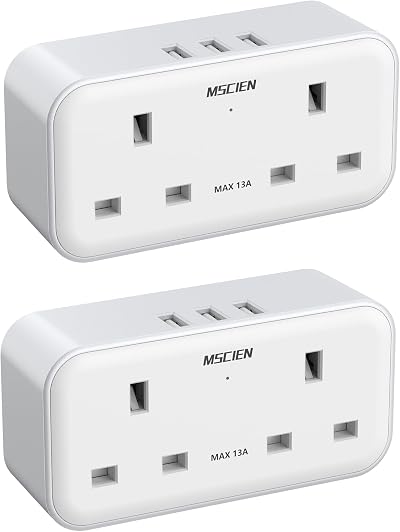 Mscien 4 Outlet USB Plug Adaptor UK 13A 3 USB Ports Dual 2 Pin Bottom Socket