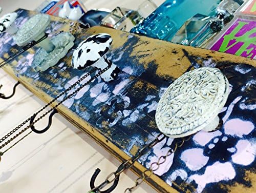 Reclaimed wood necklace organizer /jewelry hanger wall storage /recycled jewellry display stenciled cherry blossoms 4 black hooks 5 knobs