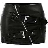 WDIRARA Women's Zip Front Buckle PU Leather Bodycon Mini Skirt Rave Club Y2k Skirt