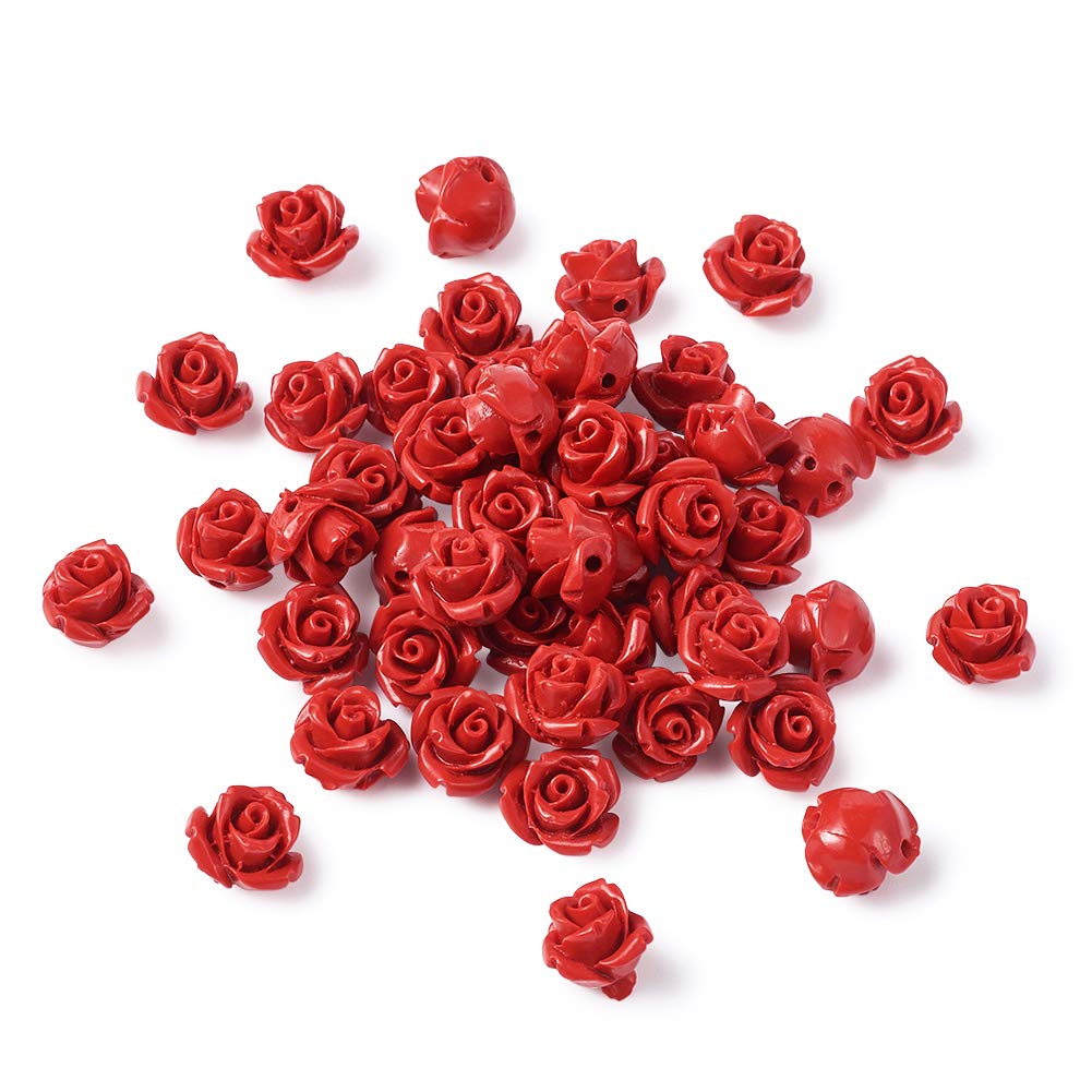 Beadthoven 50pcs Red Rose Cinnabar Beads Detail Carved Flower Spacer Beads 10mm Rose Petals Link Charms Beading for Valentine's Day Jewelry Making Wedding Decoration Embellishment Crafts Hole:1.5mm