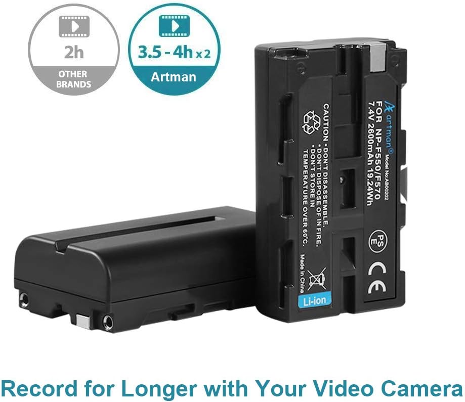 Artman NP-F550 2-Pack Replacement Batteries and One Battery Wall Charger for Sony NP F970, F750, F770, F960, F550, F530, F330, F570, CCD-SC55, TR516, TR716, TR818, TR910, TR917(2600mAh) : Camera & Photo