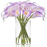 WELL KNOWN 20 Pcs Lily Flowers Artificial in Vase with Faux Water, Real Touch Calla Lily Fake Flower Arrangement in Vase for Home Office Hotel Party Wedding Dining Table Decor & Gifts (White Purple)