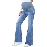 BLENCOT Maternity Jeans for Women Over Belly Pregnancy Pants Comfy Pregnant Jeans Flare Denim Jeans with Pockets
