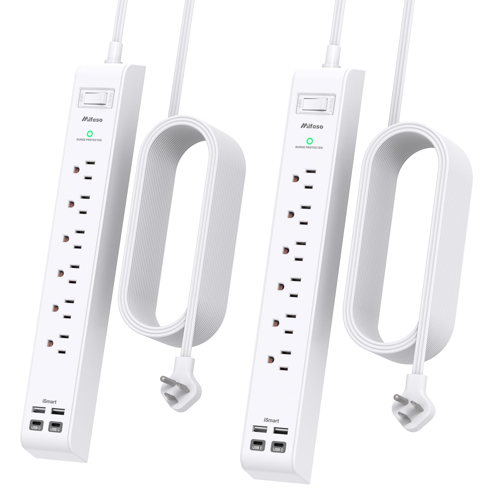 2 Pack Power Strip, 15FT Long Extension Cord, Surge Protector with 6 Outlets and 4 USB Charging Ports(2 USB C), Flat Plug Overload Protection, Wall Mount for Home Office Dorm College Image