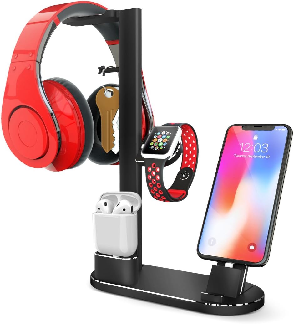 AOPETIO Apple Watch Stand, Aluminum 5 in 1 iPhone Charging Stand Dock Compatible with iWatch/iPhone/Airpods/Headphones and Other Accessories - Black
