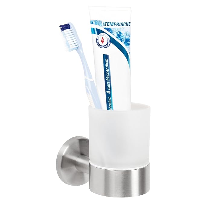 bremermann Bad-Serie Piazza – Wandhalter aus mattem Edelstahl mit 1 Glasbecher