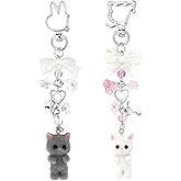 GAFATORY 2Pcs Cute Cat Keychain Fuzzy Kitty Charm Aesthetic Y2k Keychain Heart Bow Flower Pendent Kawaii Stylish Matching Key Chain for Bag Key Wallet