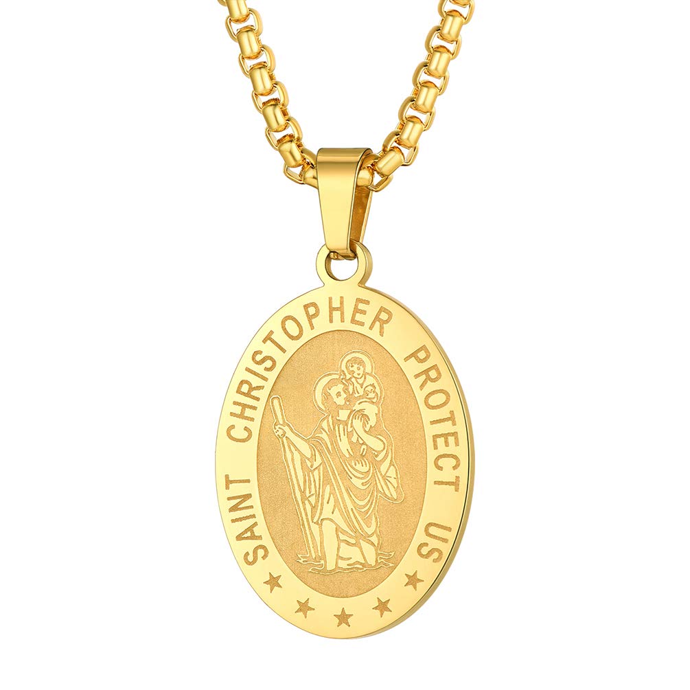 PROSTEEL St Christopher Necklace for Men, Saint Christopher Pendant Chain, Catholic Protection Jewellery Gold Oval (With Gift Box)