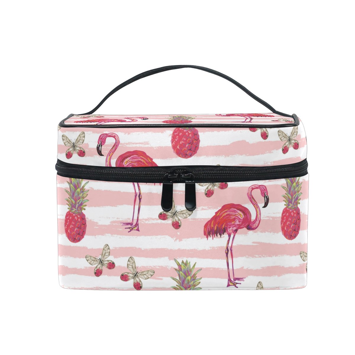 Makeup Bag, Pink Flamingo Pineapple Butterfly Stripe Print Cosmetic Toiletry Storage Organiser Case Large Travel Handle Personalised Pouch with Compartments for Teenage Girl Women Lady