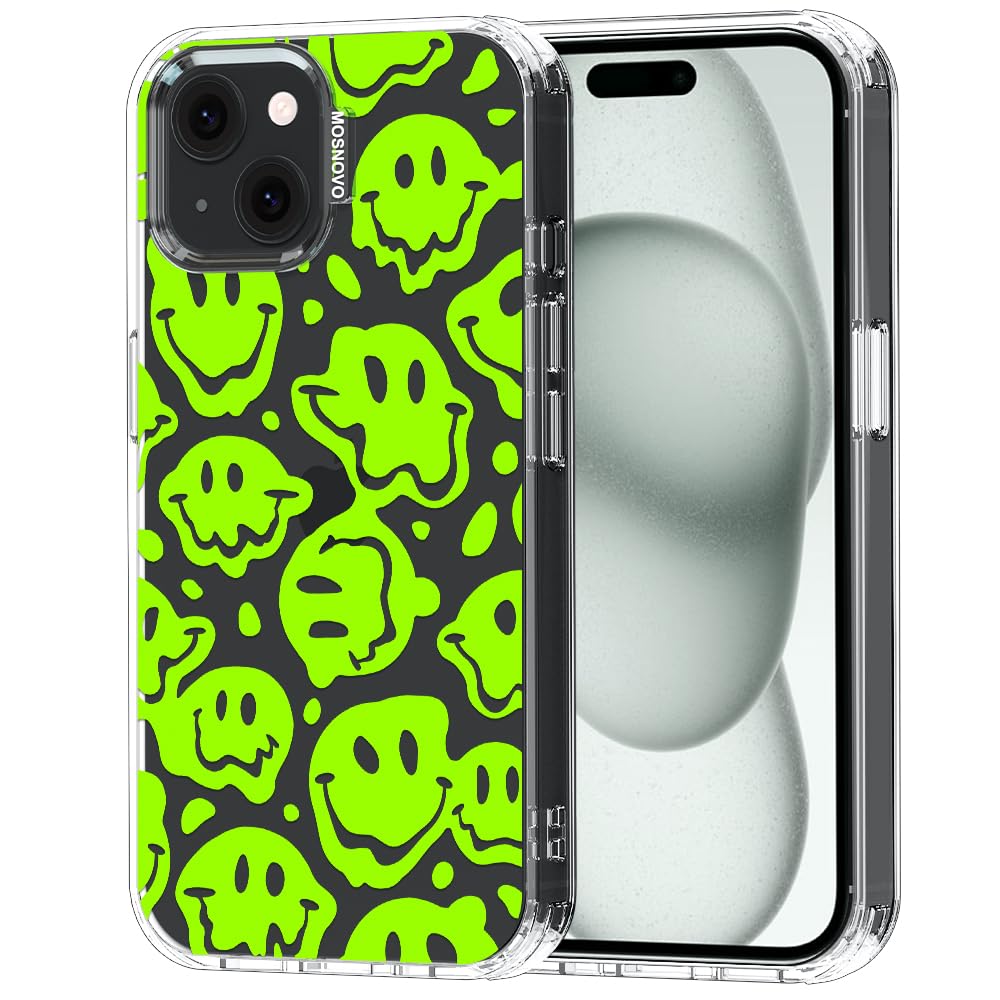 MOSNOVO Case for iPhone 15 Plus / 14 Plus [Buffertech 6.6ft Military-Grade Drop Protection] [Anti Peel Off Tech] Clear TPU Bumper Phone Case Cover Design - Distorted Green Smiles Face — image 1