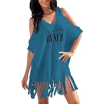 Hochwertige und einzigartige Damenbekleidung, Damen Quaste Brief drucken lose Badeanzug Bikini-Cover - UPS Strandkleid WUDUBE
