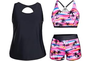 Holipick Women Plus Size 3 Piece Tankini Swimsuits Tummy Control Bathing Suits with Boy Shorts Tank Top with Sports Bra