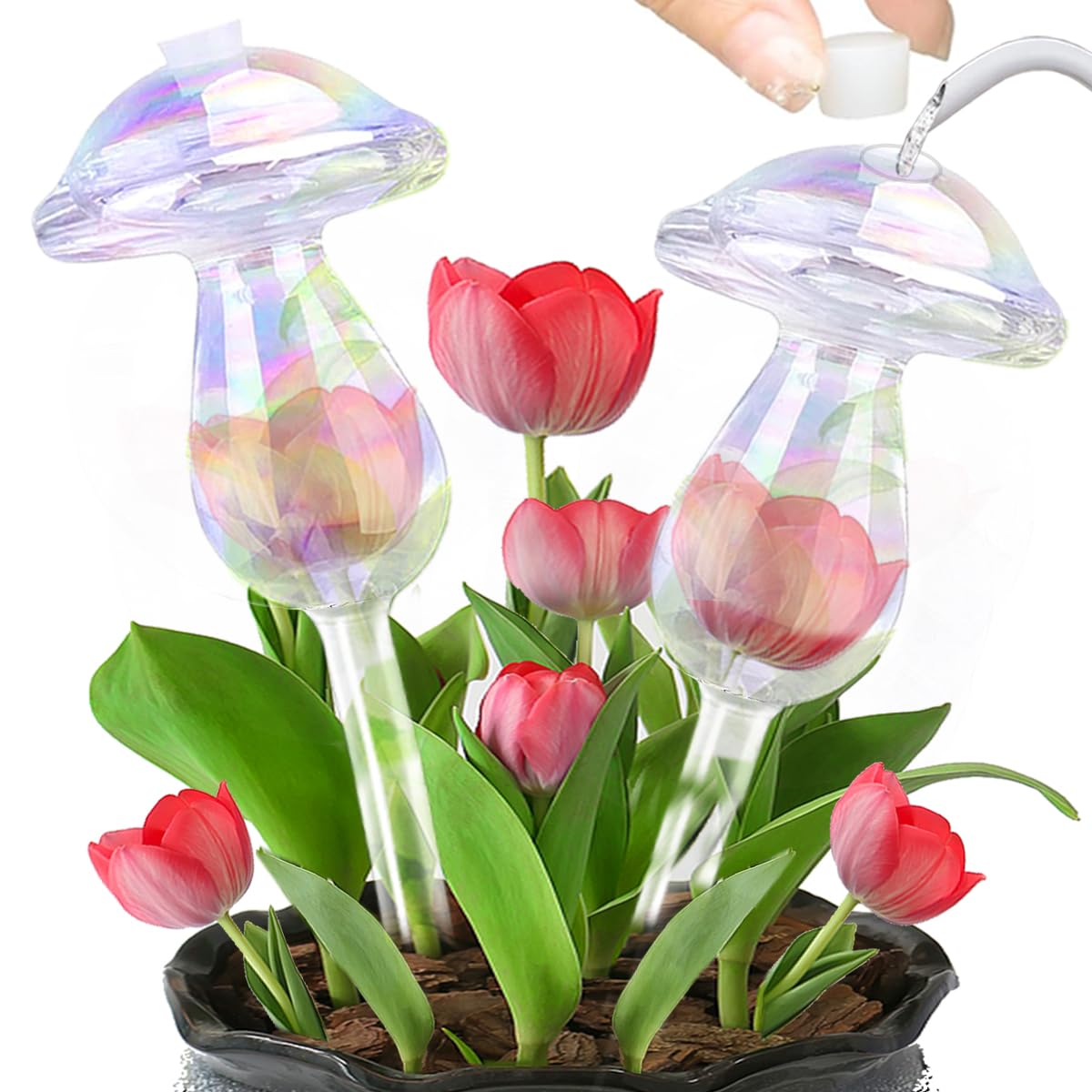 E-feilai Mushroom Watering Globes,Glass Watering Devices,Plant Spikes Insert, Automatic Plant Waterer,Self Watering Bulbs, Mushroom Plant Feeder for Gift (2, Mushrooms)