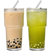 Jmtgamtgwj 20oz Glass Cups with Lids and Straws,Glass Coffee Cups,Iced Coffee Cups with Lids, Smoothie Cup,Tumbler for Whiskey,Cocktail,Juice,Tea,Latte, 2 PCS