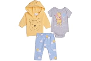 Disney Classics Winnie the Pooh Mickey Mouse Baby Hoodie Bodysuit and Pants 3 Piece Outfit Set (Newborn - 24 Months)