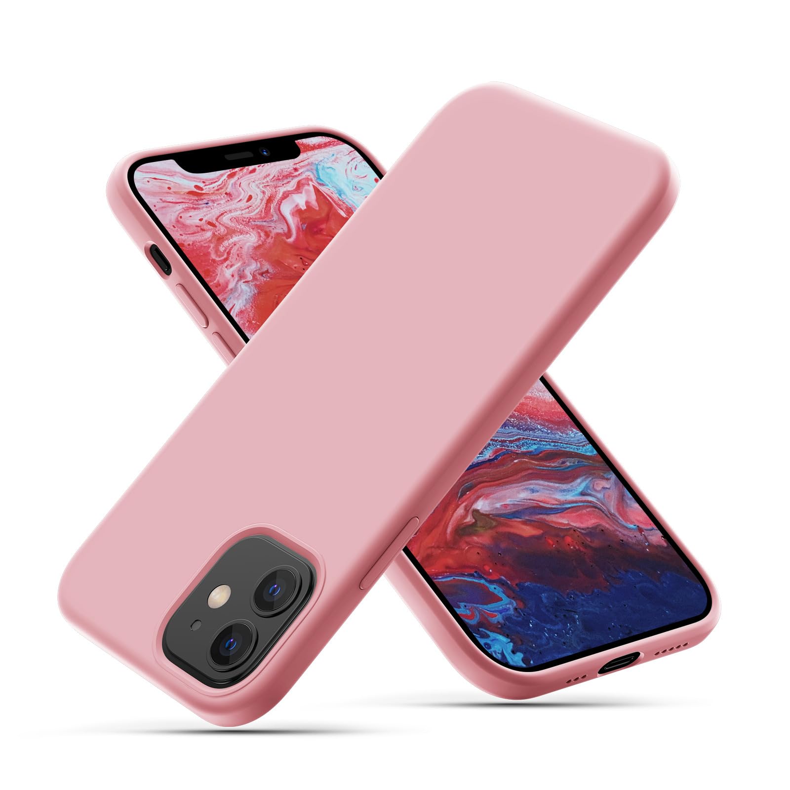 CALOOP Slim-Fit for iPhone 12/12 Pro Case,Skin Soft Liquid Silicone,Sturdy Hard Frame Shockproof Cover with Anti-Scratch Microfiber Lining,Full Protection for Screen and Lens,6.1 inch,Pastel Pink — image 1