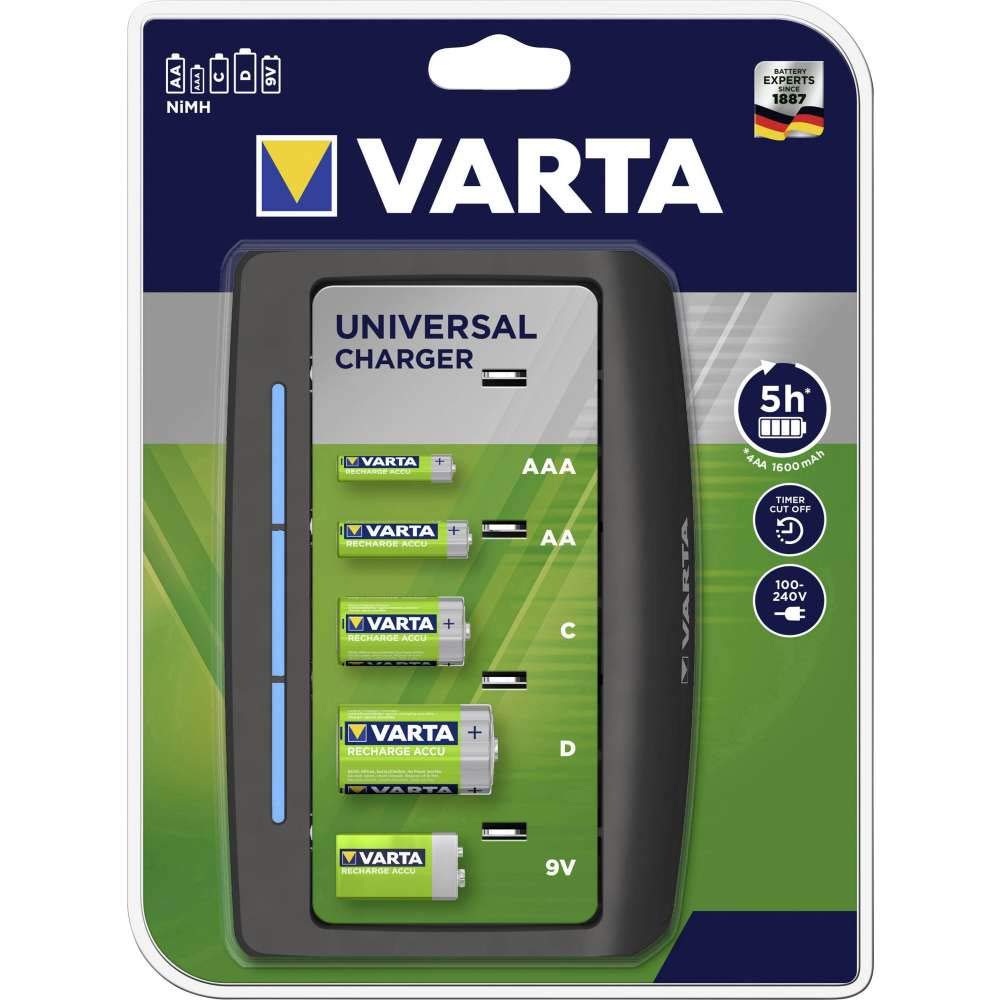 Varta Universal charger – LED charging display – Safety cut-out – Exclusive Varta design - Charges 2 or 4 AA, AAA, C, D or 1x 9V - charger only