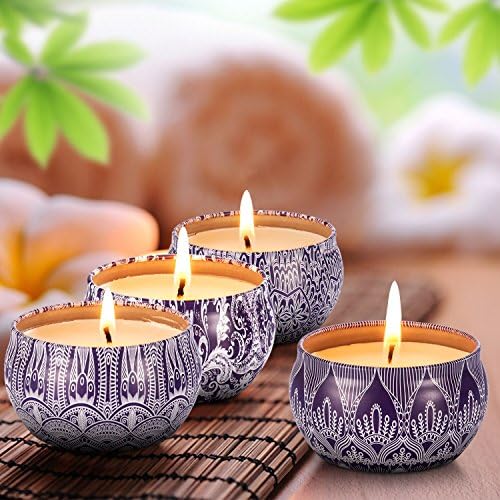 Uwax Scented Candles Blue & White Gift Set - 4 Pack Fragrance Soy Wax Candle with Aromatherapy Essential Oils - Include (Lily & Green Tea & Lilac Blossoms & Ginger Flower)