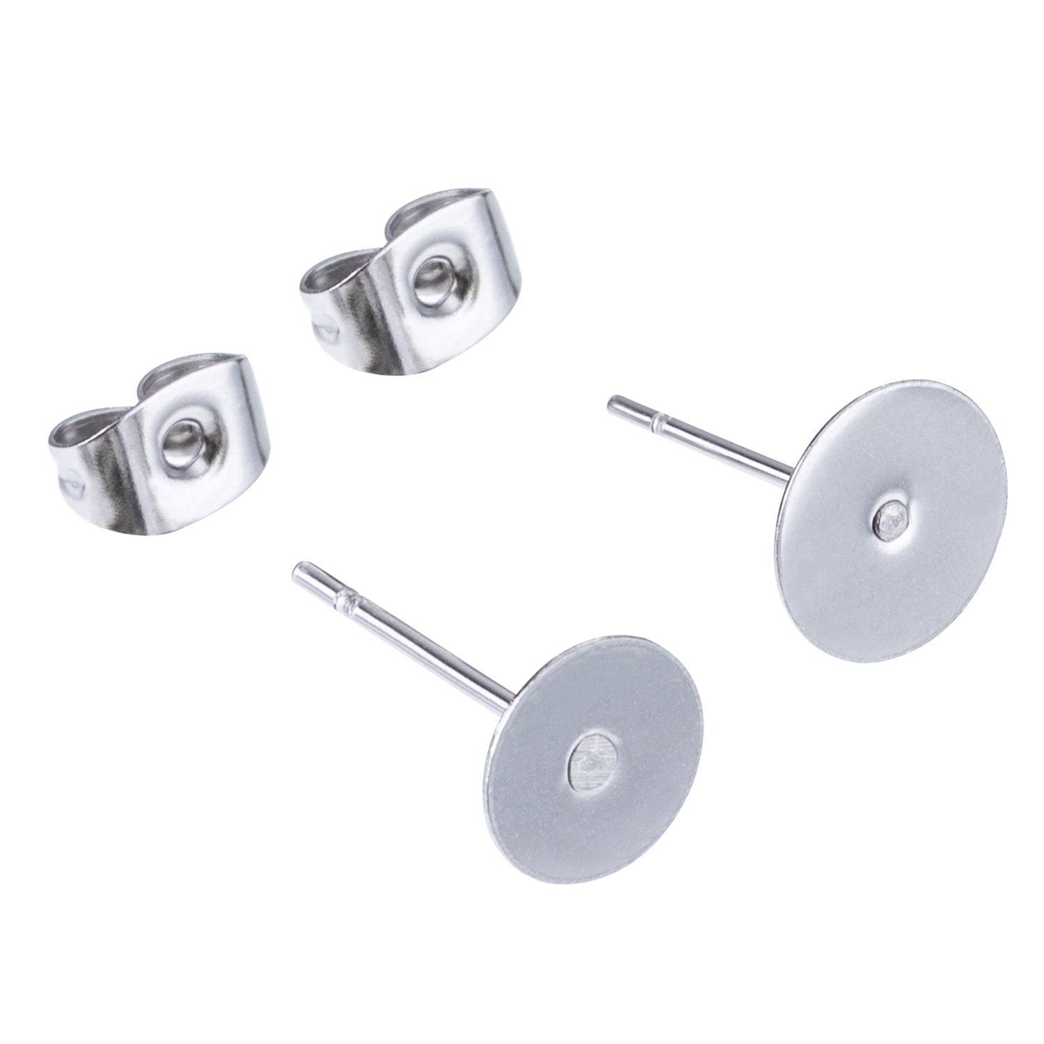 100 x Stainless Steel Stud Earrings Flat Pad (2 Sizes) with 100 Pieces Earring Backs for Earring Making, Total 200 Pieces
