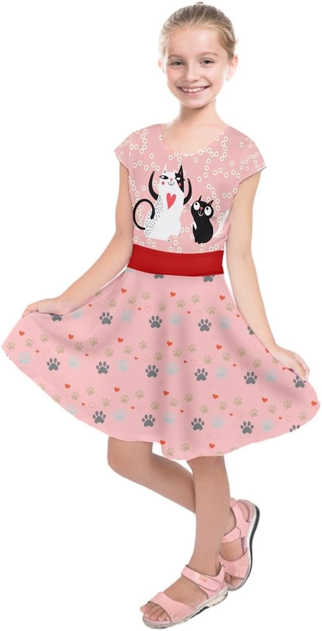 PattyCandy Girls Dress Up Dog Footprint Easter Animals Cartoon Sketch & Rocket Toddler Kids Short Sleeve Dress