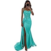 Qgeno Satin Corset Prom Dresses Lace Applique Mermaid Spartkly Spaghetti Straps Formal Evening Gowns with Slit