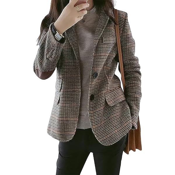 CHARTOU Women's Chic Lapel Collar Plaid 2-Button Business Work