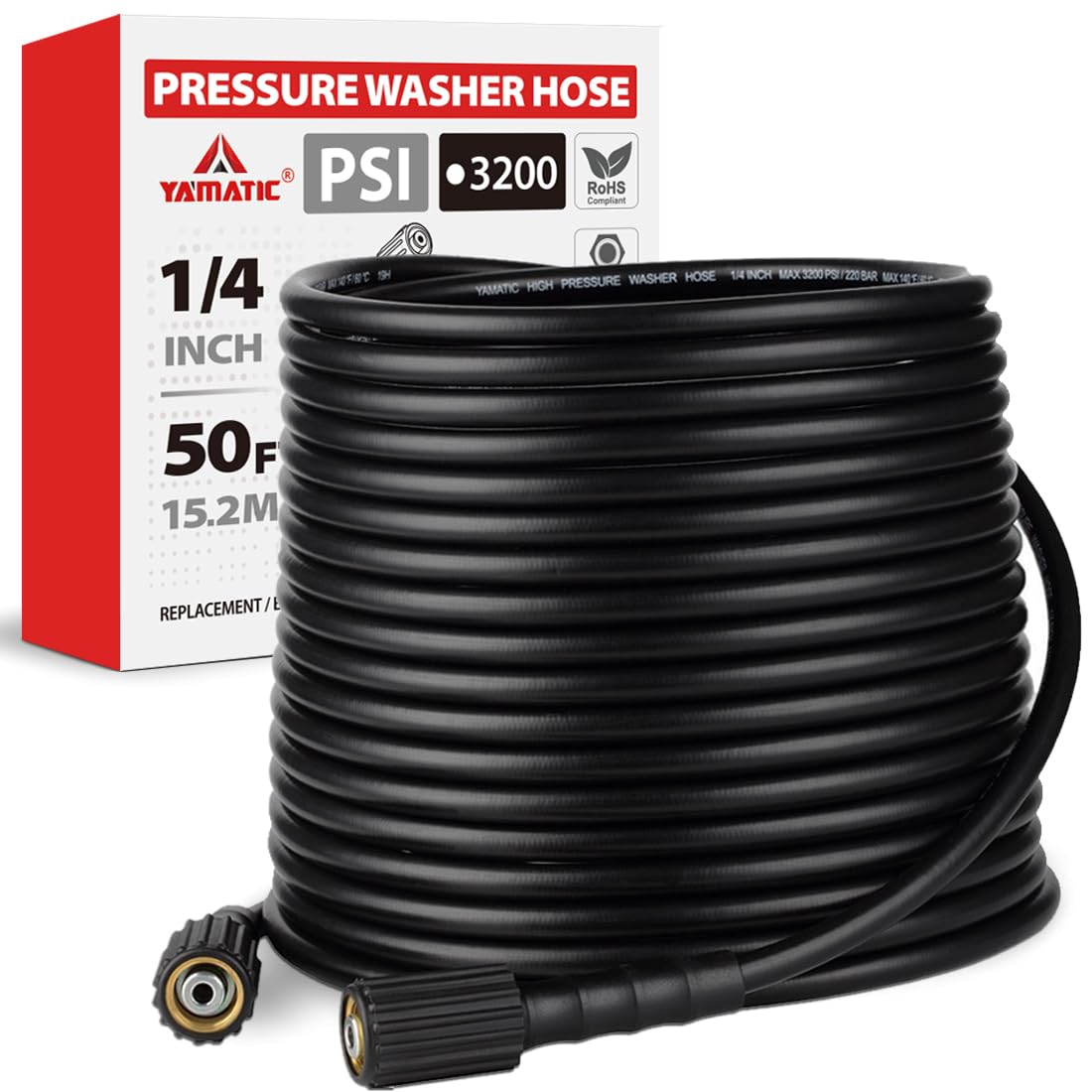 YAMATIC Pressure Washer Hose 15m x 1/4 Inch, 220 Bar / 3200 PSI Kink Resistant Replacement Pipe with M22-14mm Brass Fittings for Ryobi, Greenworks, Petrol and Electric Washers