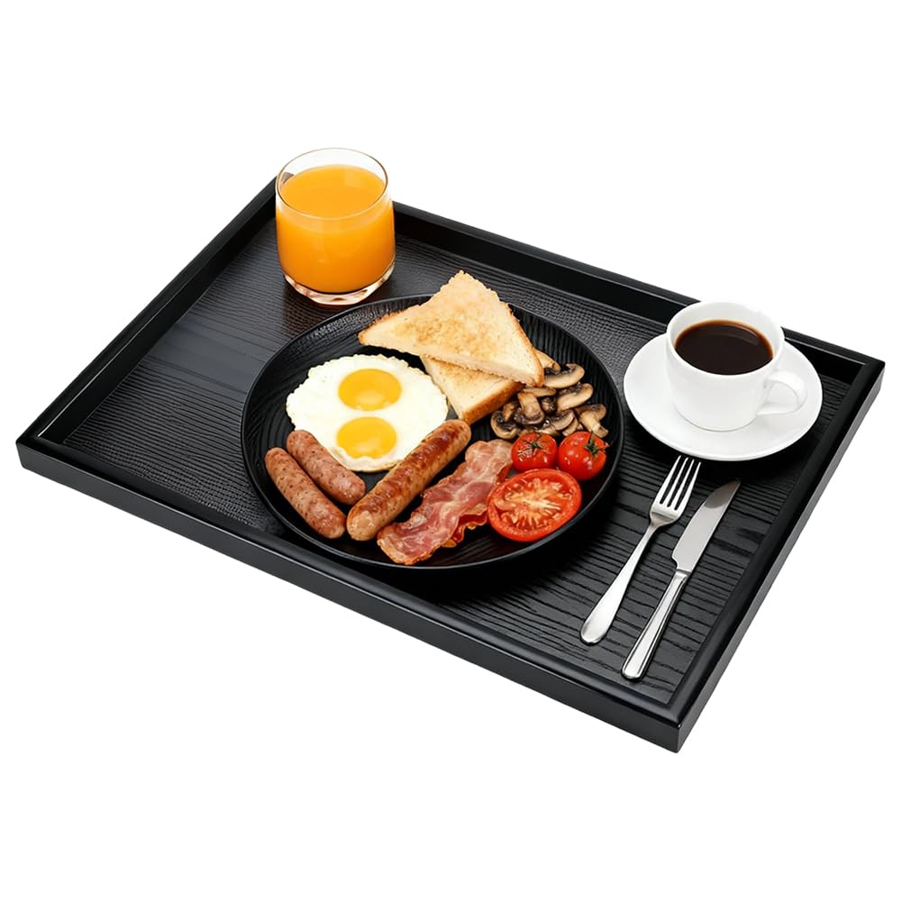 Wooden Serving Tray, Breakfast Tray for Coffee, Tea, Meals, Food, Snack, Parties – Decorative Storage Plate for Home, Restaurant, Kitchen Counter, Bathroom with Raised Edges Black 14.17 x 10.63 inch