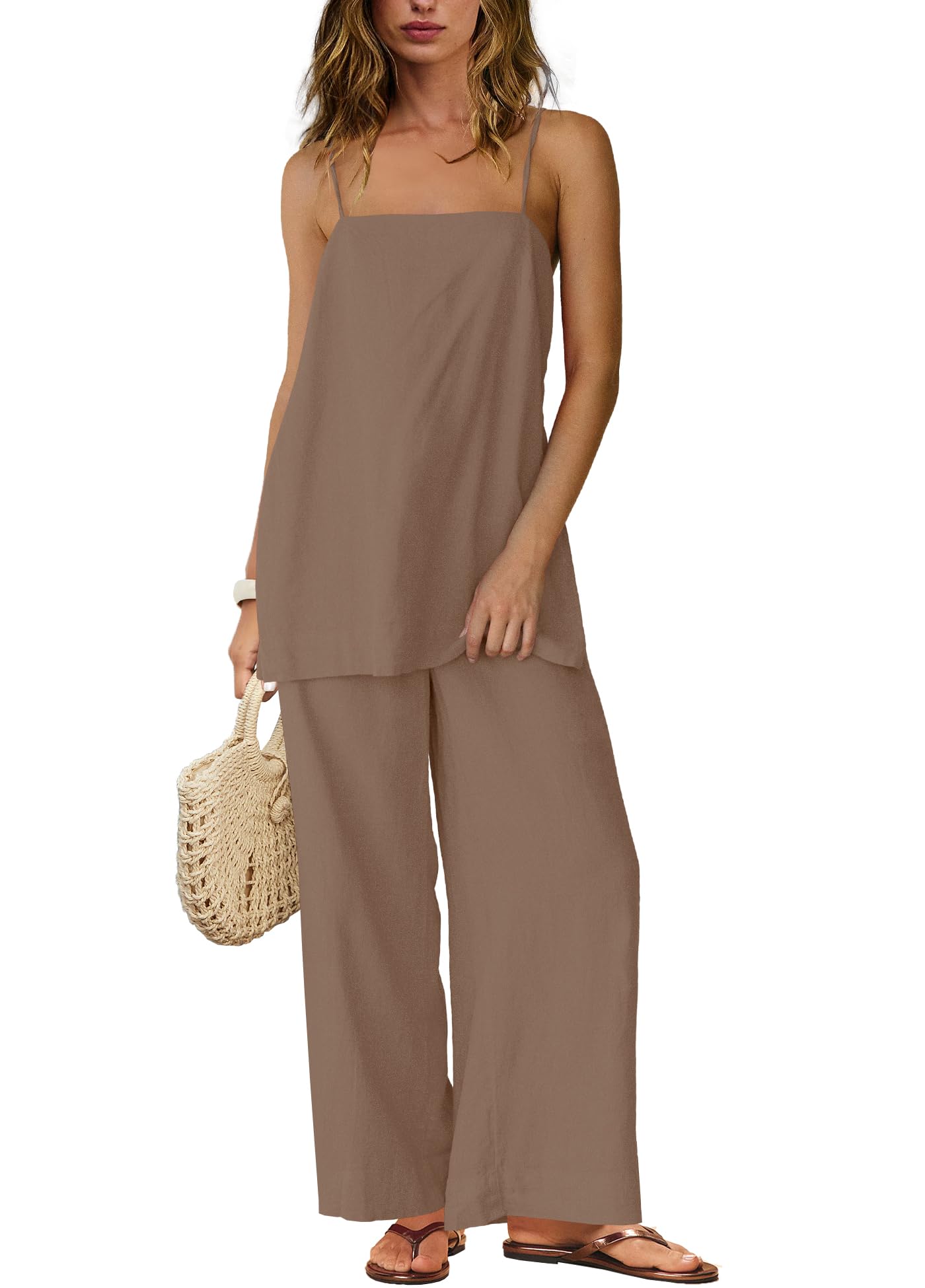 Photo 1 of **PARTIAL SET TOP ONLY** SENSERISE Linen Sets for Women 2 Piece Set Summer Beach Vacation Outfits Spaghetti Strap Tank Top and Pants Sets(Coffee Brown,S)