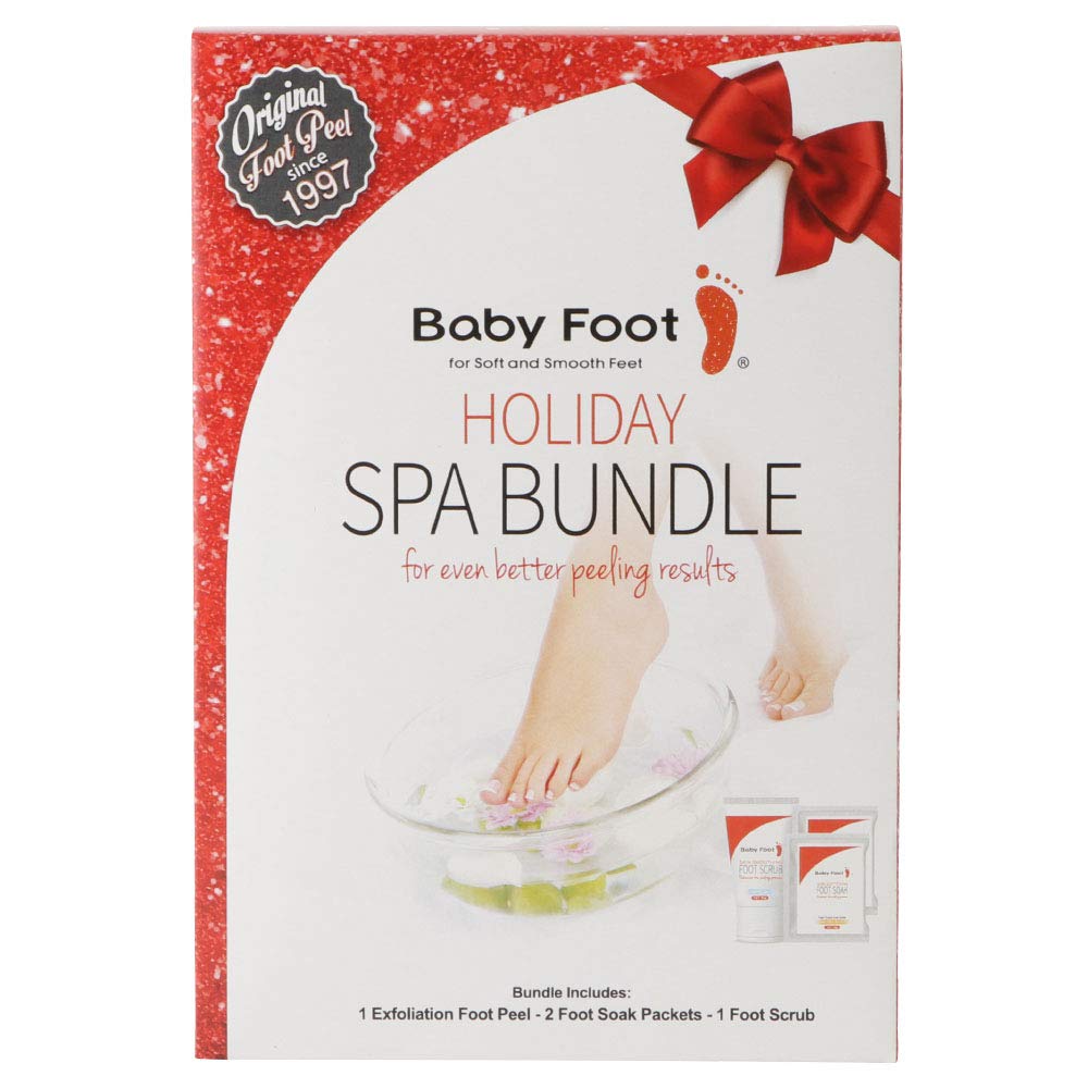 Baby Foot Spa Bundle Holiday Version - Original Exfoliant Foot Peel + 2 Foot Soaks & Foot Scrub - Repair Rough Dry Cracked Feet and remove Dead Skin, Repair Heels - Baby Soft Smooth Lavender Scented