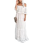 Women's Casual Off Shoulder Lace Maxi Dress Boho White Bridesmaid Wedding Evening Party Dresses