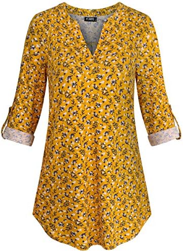 FINMYE Womens 3/4 Roll Sleeve Shirt V Neck Floral Print Blouse Loose Tunic Tops