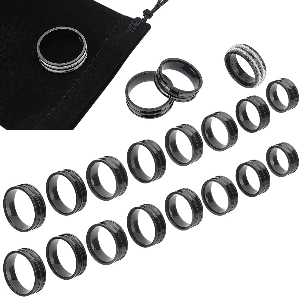 UNICRAFTALE About 16pcs 8 Sizes Black Double Blank Core Finger Rings Stainless Steel Grooved Ring Settings Wide Band Finger Rings for Bracelets Necklaces Jewerly Making Gift