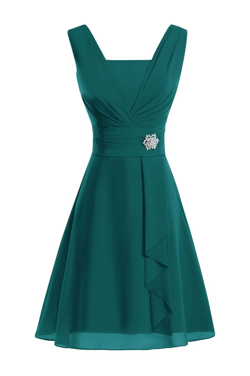 Women's Sleeveless Short Above Knee Bridesmaid Dress with Rhinestone Brooch