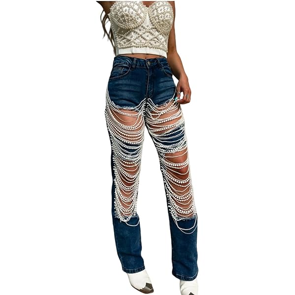 Amazon.com: Qhecomce Womens Ripped Destroyed Rhinestones Jeans