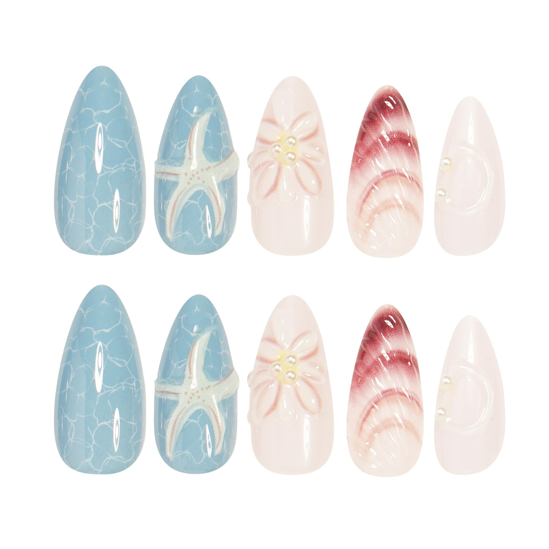 IMRAIN Almond Press on Nails Medium Fake Nails with Shell Design 3D Sea Star Blue False Nails Glossy Full Cover Acrylic Spring Summer Glue Stick on Nails for Women Girls DIY Manicure 24Pcs - Image 2