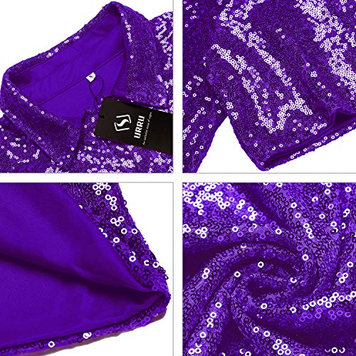 URRU Men's Relaxed Short Sleeve Turndown Sparkle Sequins Polo Shirts 70s Disco Nightclub Party T-Shirts Tops Purple L