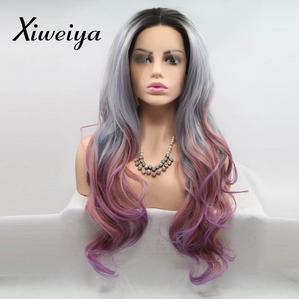 Xiweiya Ombre Purple to Pink Long Wavy Wig Mermaid Synthetic Lace Front Wigs Body Wave Side Part Long Soft Mix Color Wig Heat Resistant Fiber Hair Replacement Wig for Women Makeup 24 Inch โ image 1