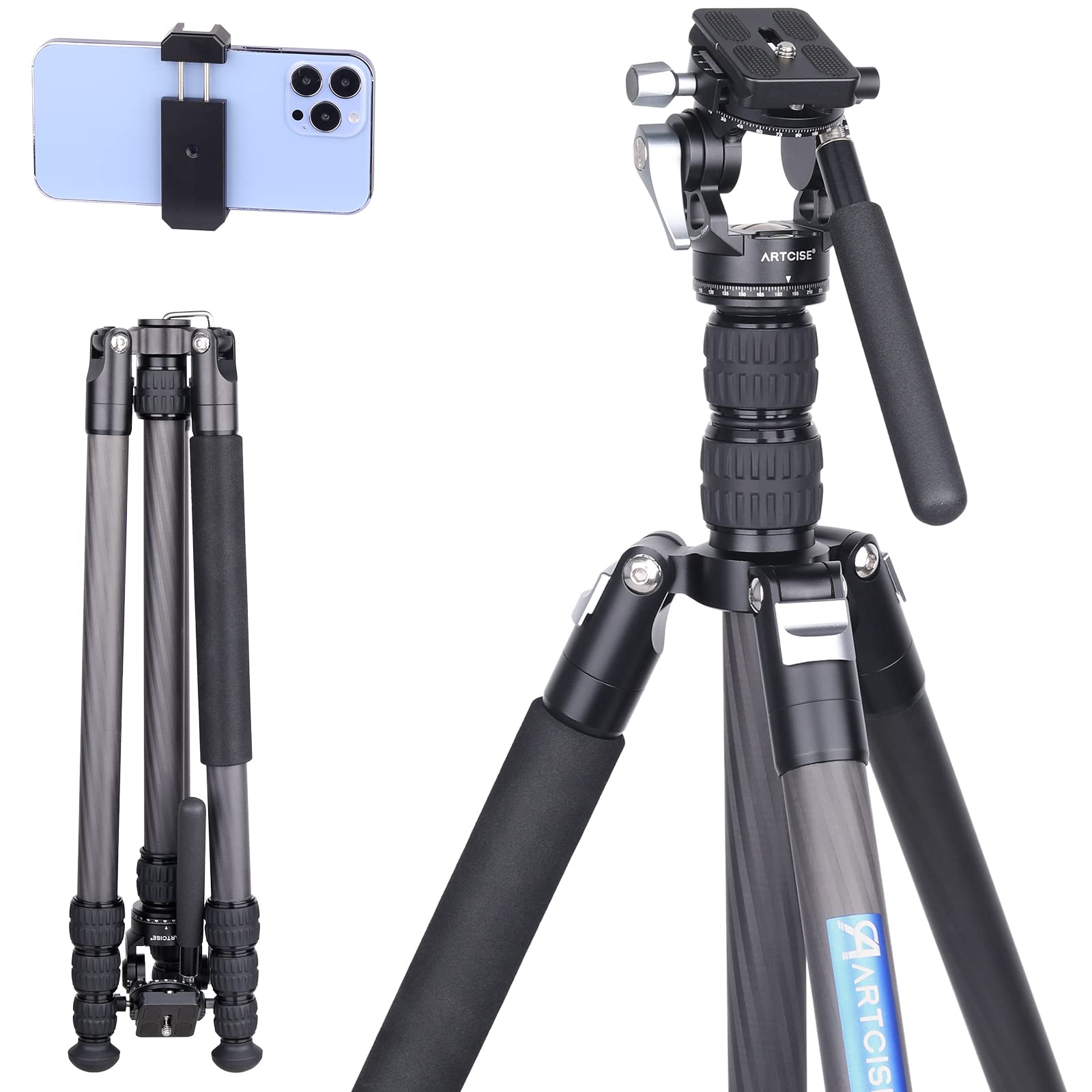 188cm/74 "hign Carbon Fiber Tripod, ARTCISE AS35C Portable Lightweight Travel Tripod. 4-section Leg Tube Reflex Tripod, 2-section Built-in Center Column,for Sony Nikon Canon DSLR.Max load: 20kg