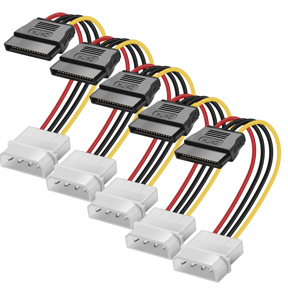 Yeung Qee 5Pack 4 Pin Molex to SATA Power Cable Adapter,SATA 15 Pin Male to Molex LP4 Female Power Cable (5pack, Black)