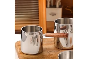 Hapivida Butter Warmer, Stainless Steel Milk Warmer Pot with Wooden Handle 450ml Induction Compatible for Coffee Tea Butter M