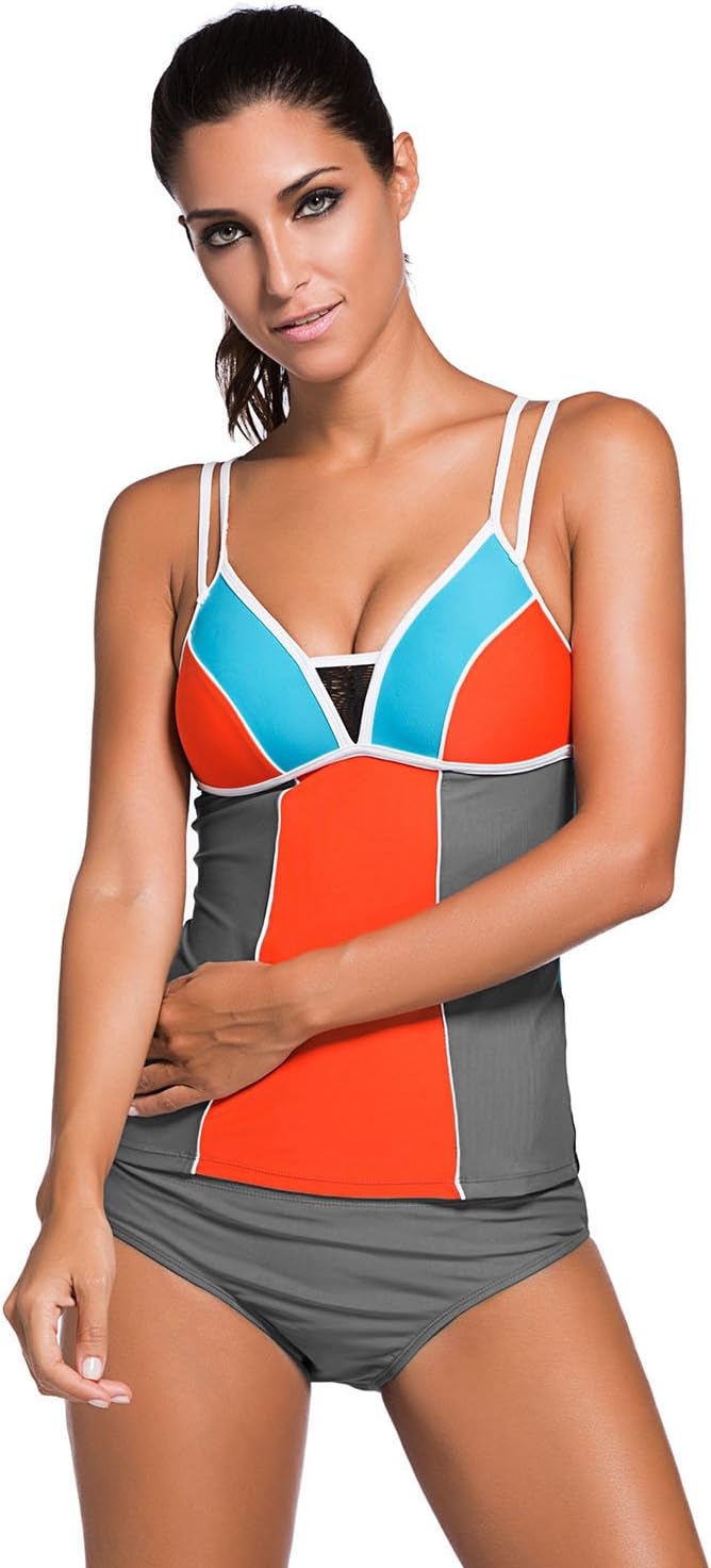 Amady Women Color Block Tankini Top and Bottom Set Swimsuit 2PCS