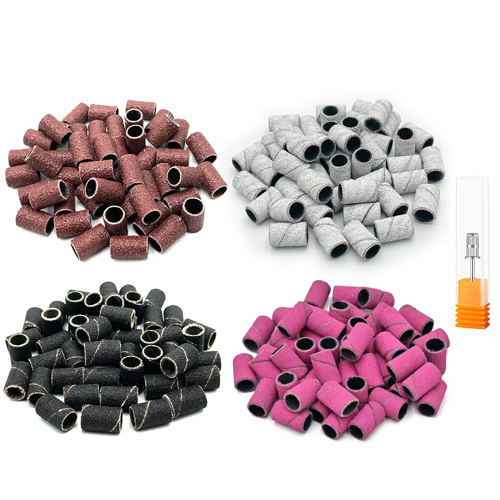 LICQIC 200 Pcs Nail Sanding Bands, 80#120#180#240# Grit 4 Colors Nail Art Sanding Bands with 1 Pcs 3/32 Inch Nail Drill Bit for Manicures and Pedicures Care Nail Tools