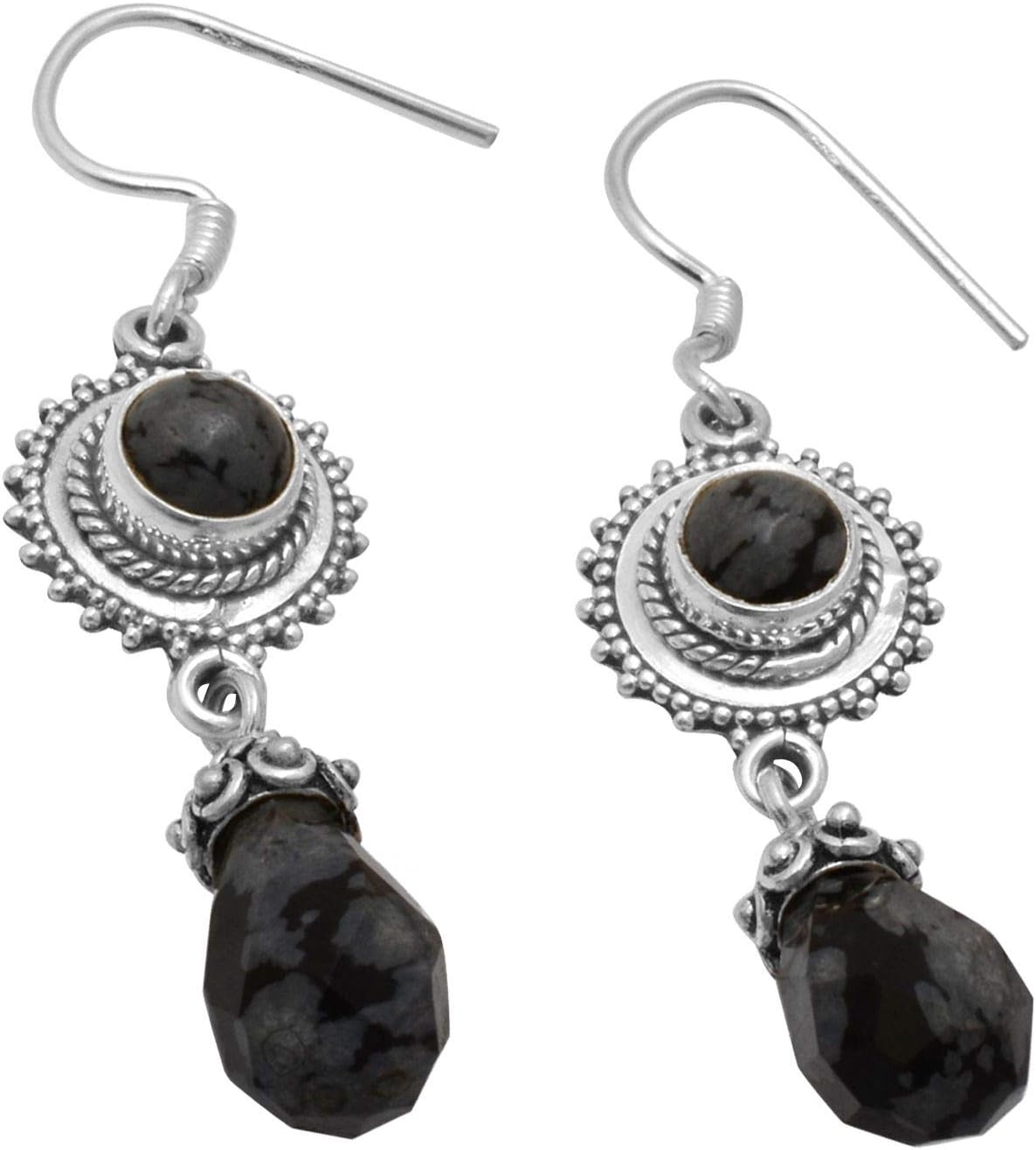 Natural Checkerboard Cut Snowflake Obsidian Handmade 925 Sterling Silver Dangle Drop Earring For Women
