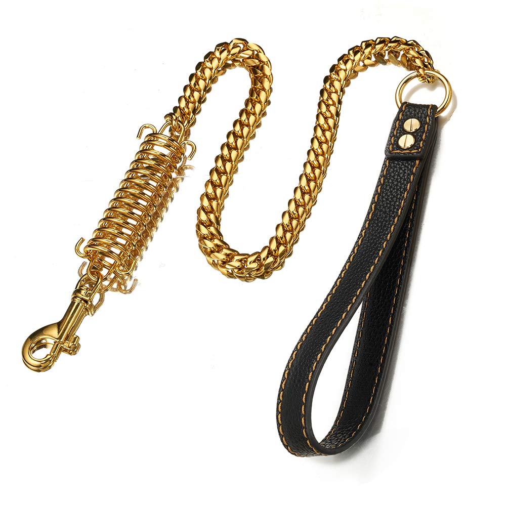 1ft, 2ft, 3ft Strong Gold Metal Cuban Curb Link Chain 14mm Stainless Steel Dog Safety Leash Buffer Spring Labor-Saving Genuine Leather Handle Dog Leash (Gold,12inch)