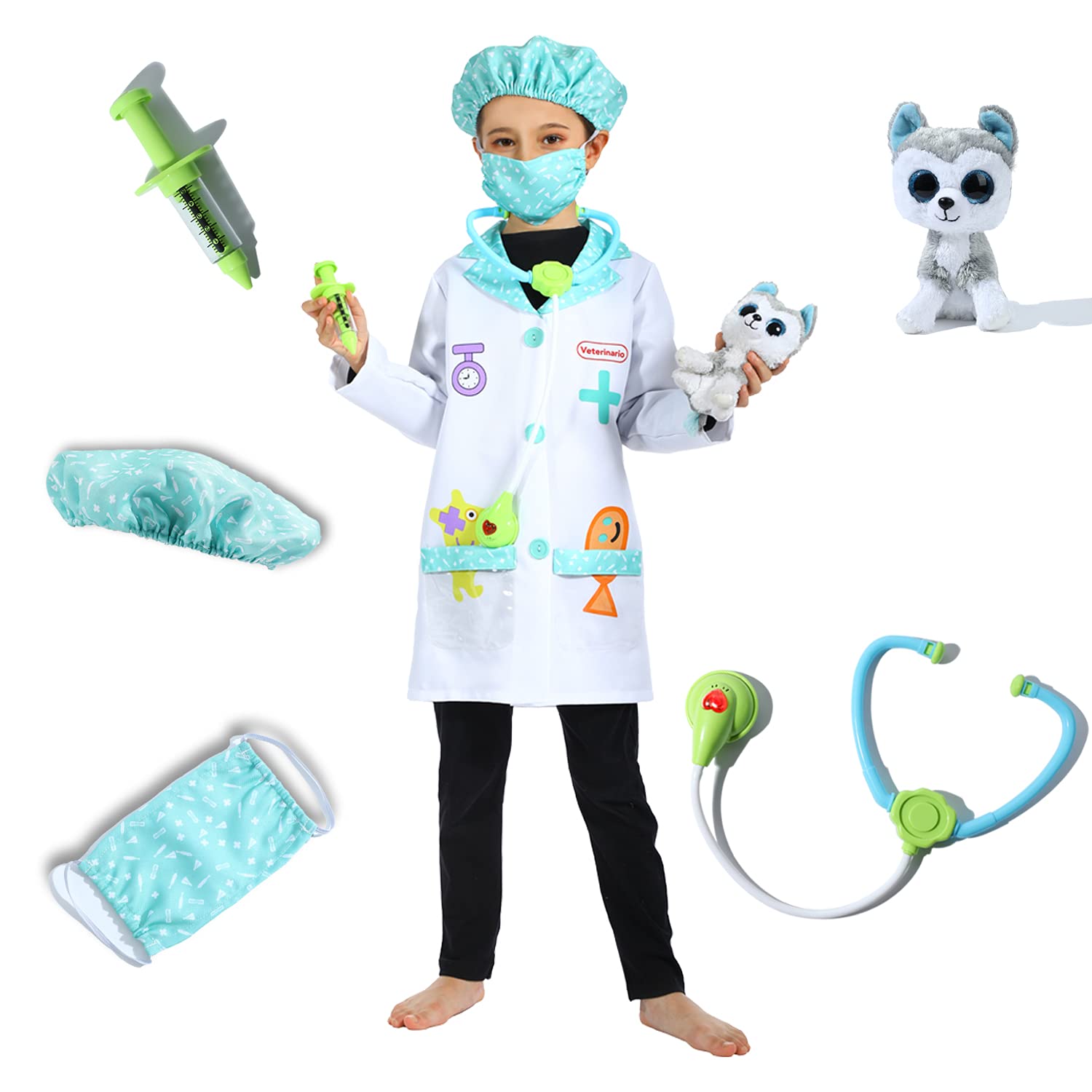 Sincere Party Veterinarian Role Play Costume,Kids Vet Doctor Lab Coat Set,Plush Animal Patient Included 5-7years