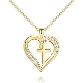 HOBATS Cross Necklace for Women 14K Gold Cross Necklaces for Women Gold Heart Necklaces for Womens Crosses Chain Pendant Combine Classic Elements of Romantic and Faith Chain Crosses Heart Necklace for Womens 17.7+1.7in