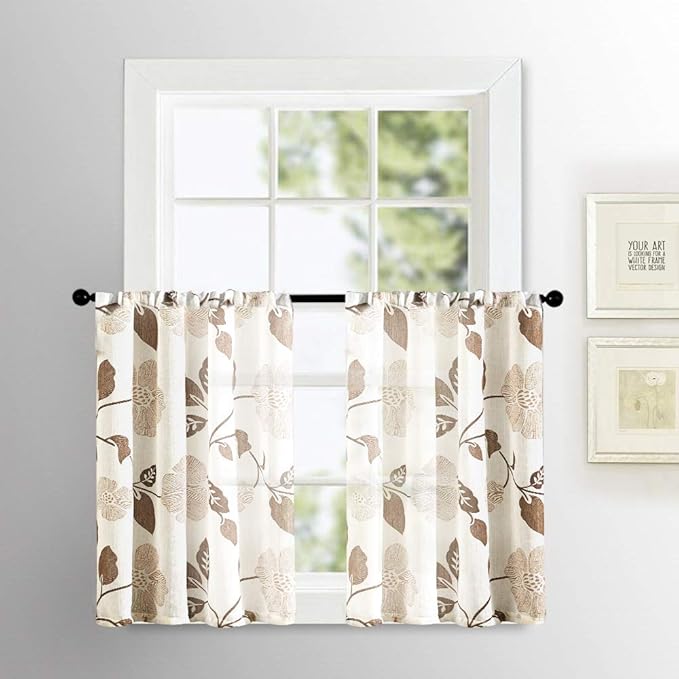 Sheer Tier Curtains Floral Printed 36 inch Length Kitchen Tiers Linen