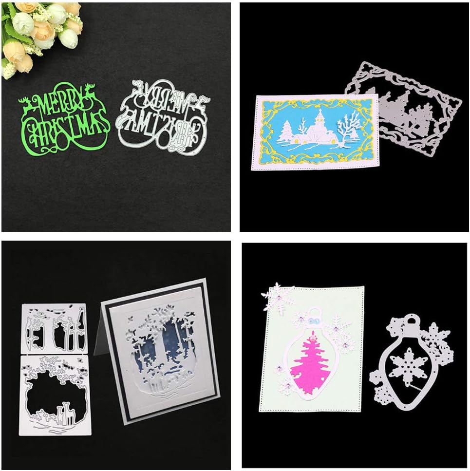 Meslio 4pcs Christmas Cutting Dies, Metal Cut Die Stencil Template Mould for DIY Scrapbook Embossing Album Paper Card Craft (Fawn Decoration,Border Decoration,Snowflake,Merry Christmas Words)